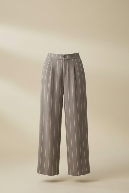 Pantalon Marron Rayé Ample Taille Haute Décontracté - Laine - vue 3