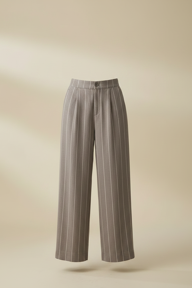 Pantalon Marron Rayé Ample Taille Haute Décontracté - Laine - vue 3
