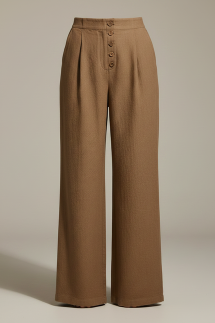 Pantalon Marron Lin Ample Taille Haute Femme - vue 3