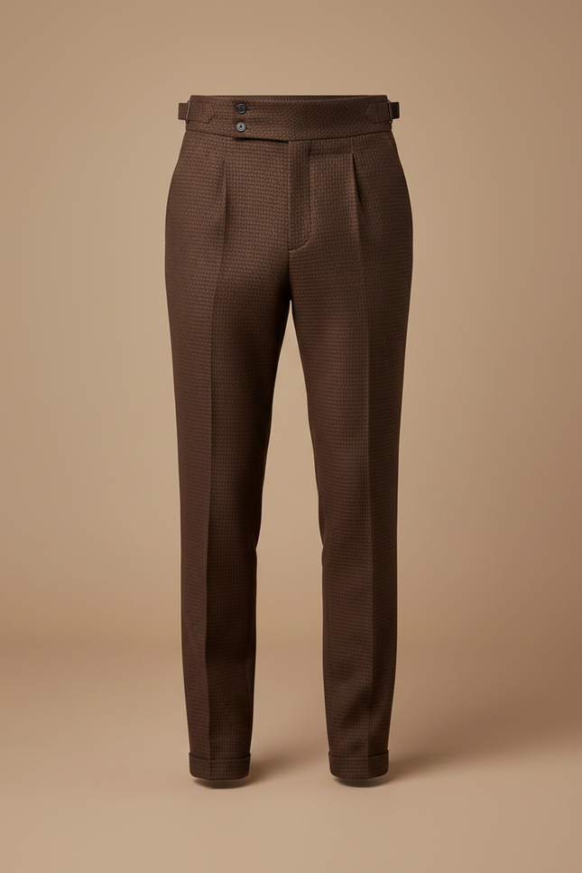 Pantalon Marron Carreaux Taille Haute Homme Élégant - Laine - vue 3