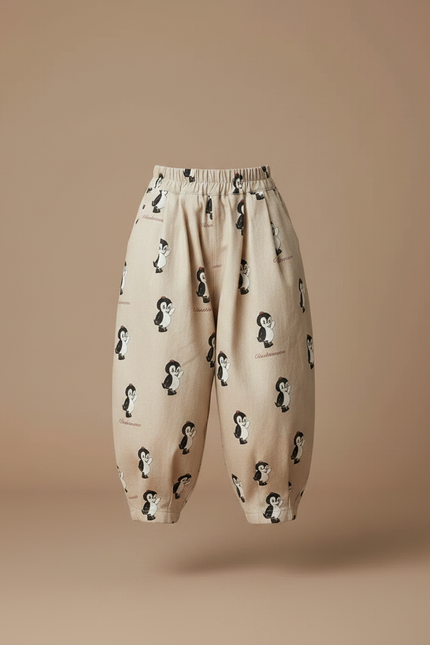 Pantalon Marron Ample Coton Imprimé Pingouin Enfant - Beige - vue 3
