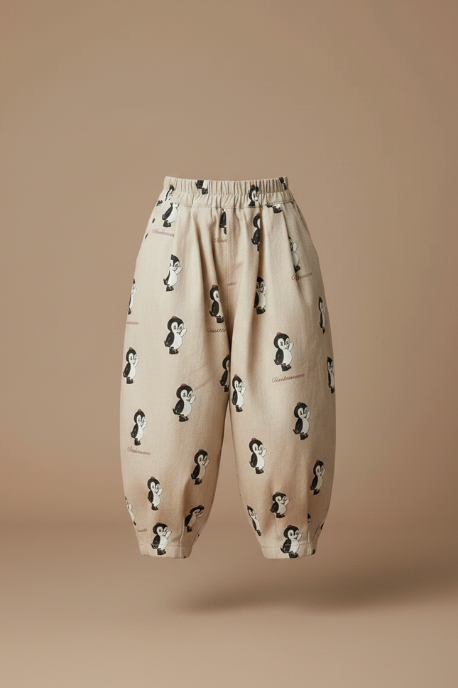 Pantalon Marron Ample Coton Imprimé Pingouin Enfant - Beige - vue 3