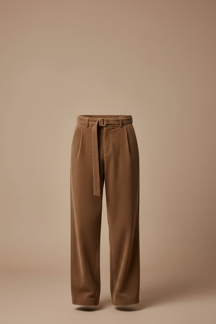 Pantalon Marron Côtelé Ample Décontracté Ceinturé Homme - Cordé - vue 3