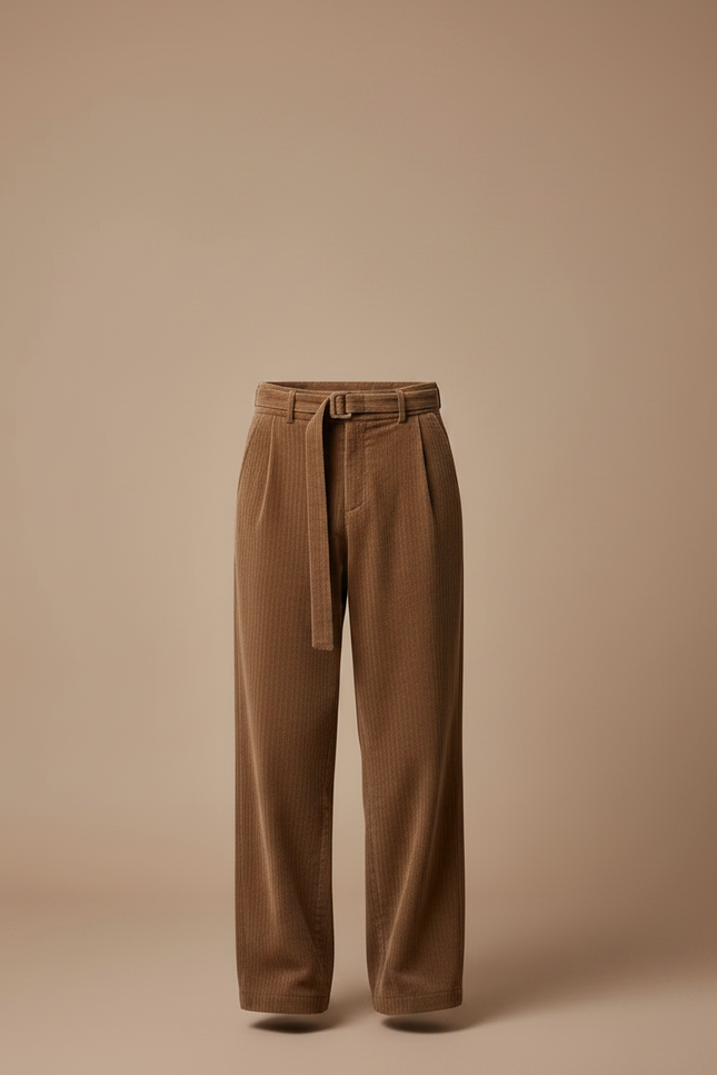Pantalon Marron Côtelé Ample Décontracté Ceinturé Homme - Cordé - vue 3