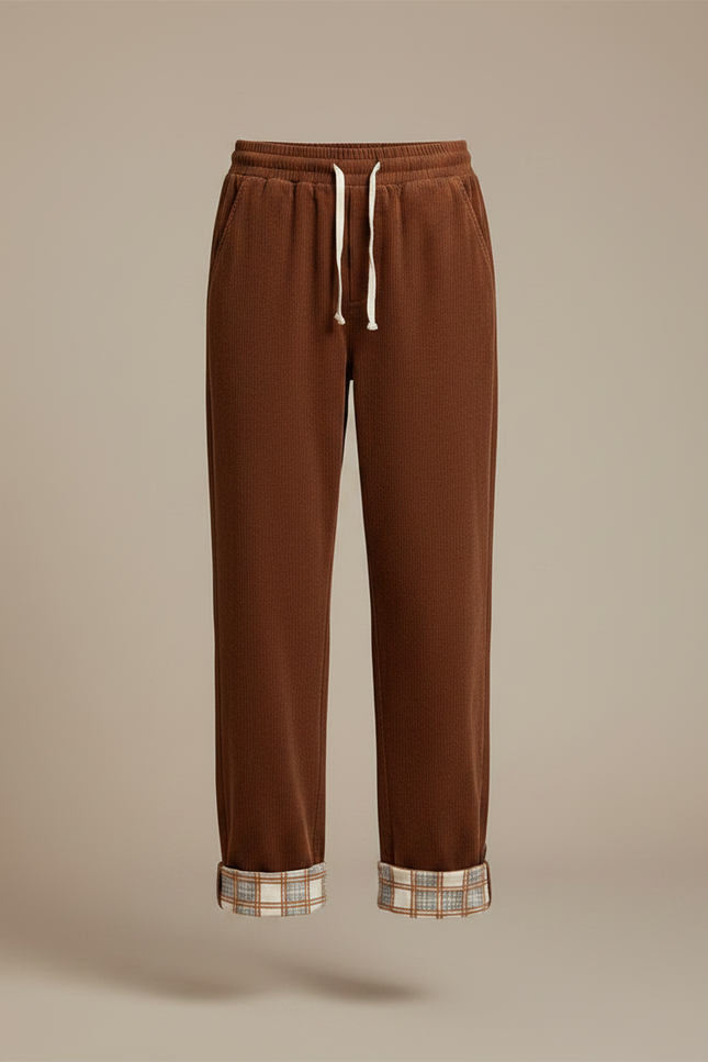 Pantalon Marron Côtelé Doublé Plaid Ample Décontracté - Cordé - vue 3
