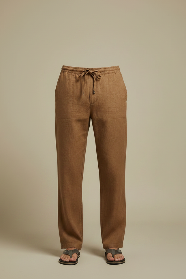 Pantalon Marron Lin Droit Décontracté Cordon Homme - vue 3