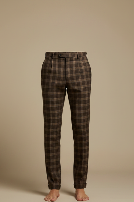 Pantalon Marron Carreaux Laine Droit Décontracté Homme - vue 3