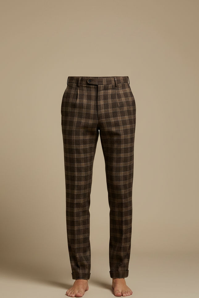 Pantalon Marron Carreaux Laine Droit Décontracté Homme - vue 3