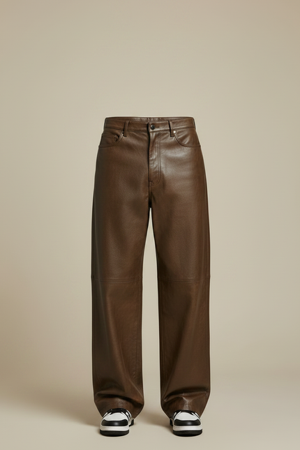 Pantalon Marron Cuir Ample Large Décontracté Homme - vue 3
