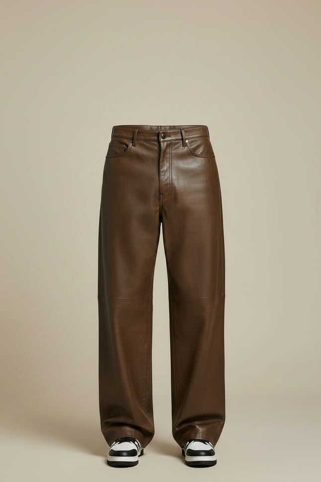 Pantalon Marron Cuir Ample Large Décontracté Homme - vue 3