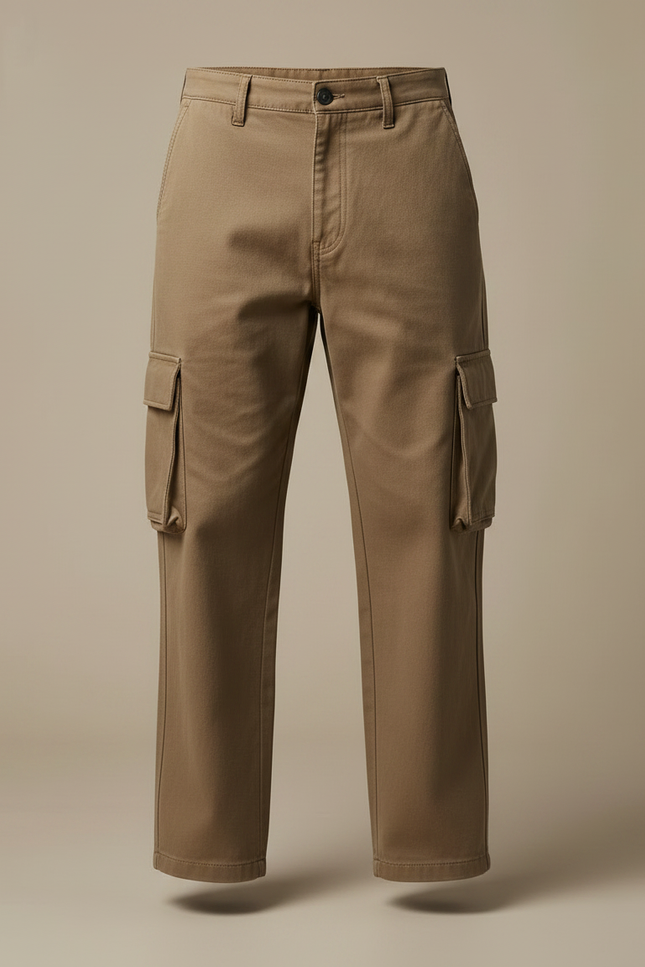 Pantalon Marron Cargo Ample Coton Multipoches Homme - Toile - vue 3