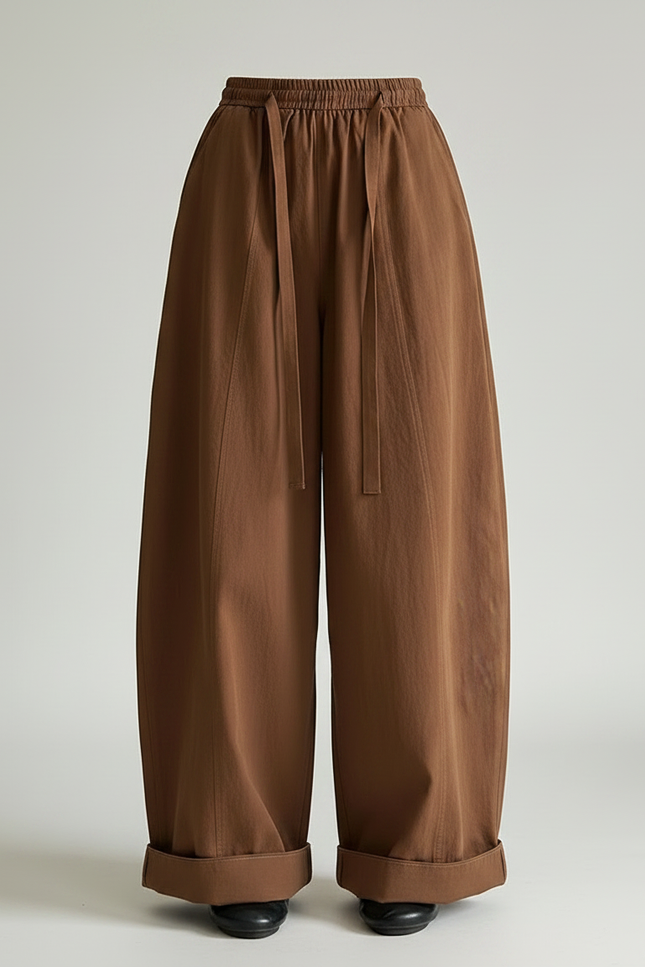 Pantalon Marron Ample Élastique Fluide Plissé Décontracté - Coton - vue 3