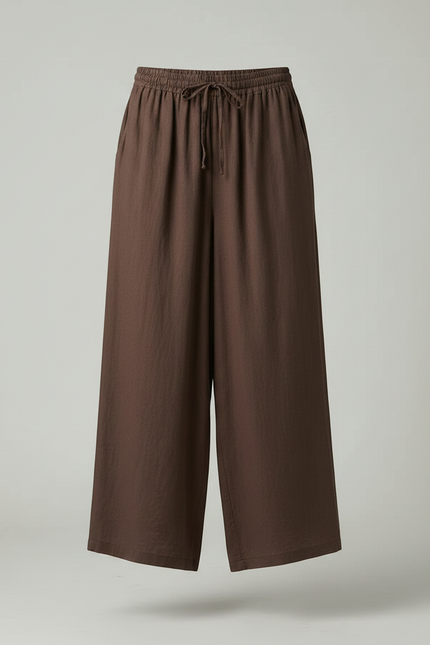 Pantalon Marron Lin Ample Taille Haute Femme Décontracté - vue 3