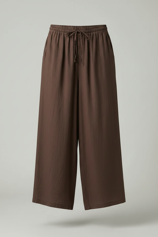 Pantalon Marron Lin Ample Taille Haute Femme Décontracté - vue 3