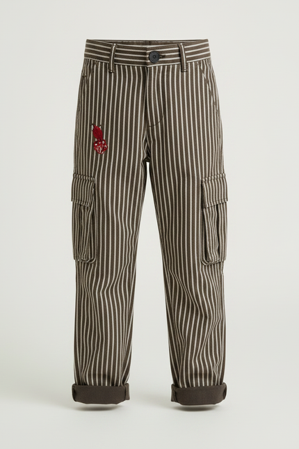 Pantalon Marron Rayé Cargo Coton Ample Enfant - vue 3