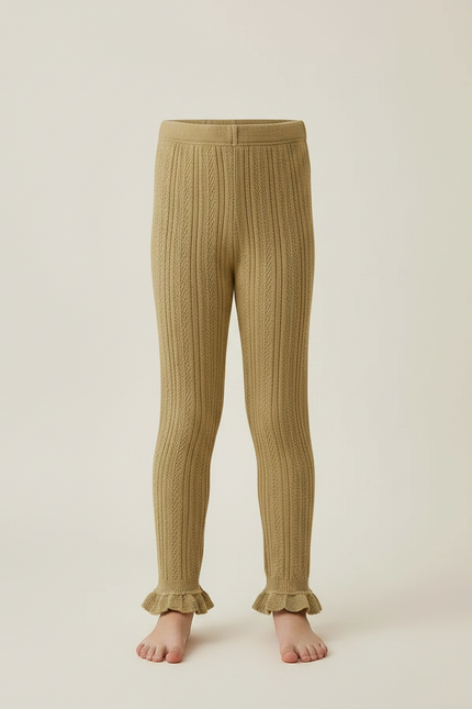 Pantalon Marron Tricoté Câblé Volants Confortable Enfant - Kaki Maille - vue 3