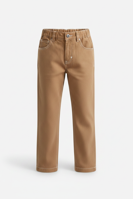 Pantalon Marron Droit Coton Confortable Enfant - Camel Toile - vue 3