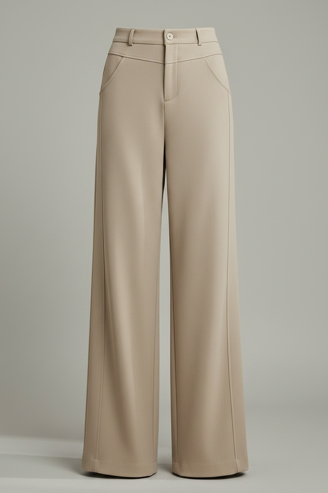 Pantalon Marron Élégant Ample Droit Taille Haute Femme - Beige Gabardine - vue 3