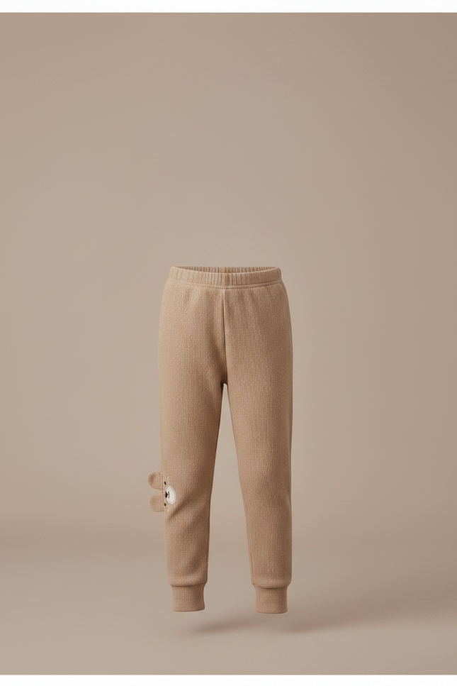 Pantalon Marron Côtelé Enfant Brodé Ours Confortable - Maille - vue 3