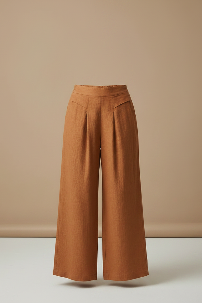 Pantalon Marron Ample Lin Plissé Élégant - vue 3