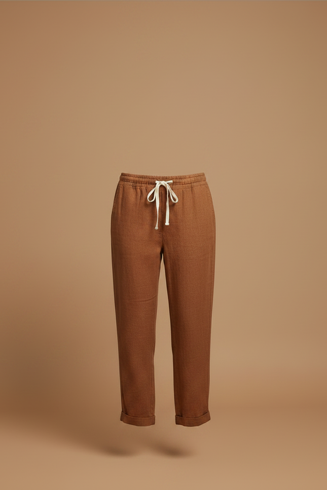 Pantalon Marron Lin Cordon Ample Décontracté Femme - vue 3