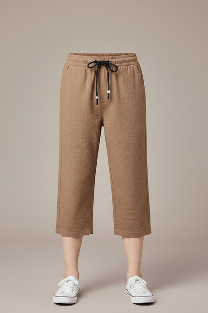 Pantalon Marron Garçon Coton Lin Gaufré Cordon - vue 3