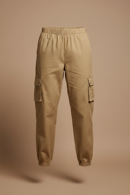 Pantalon Marron Cargo Décontracté Taille Haute Femme - Kaki Toile - vue 3