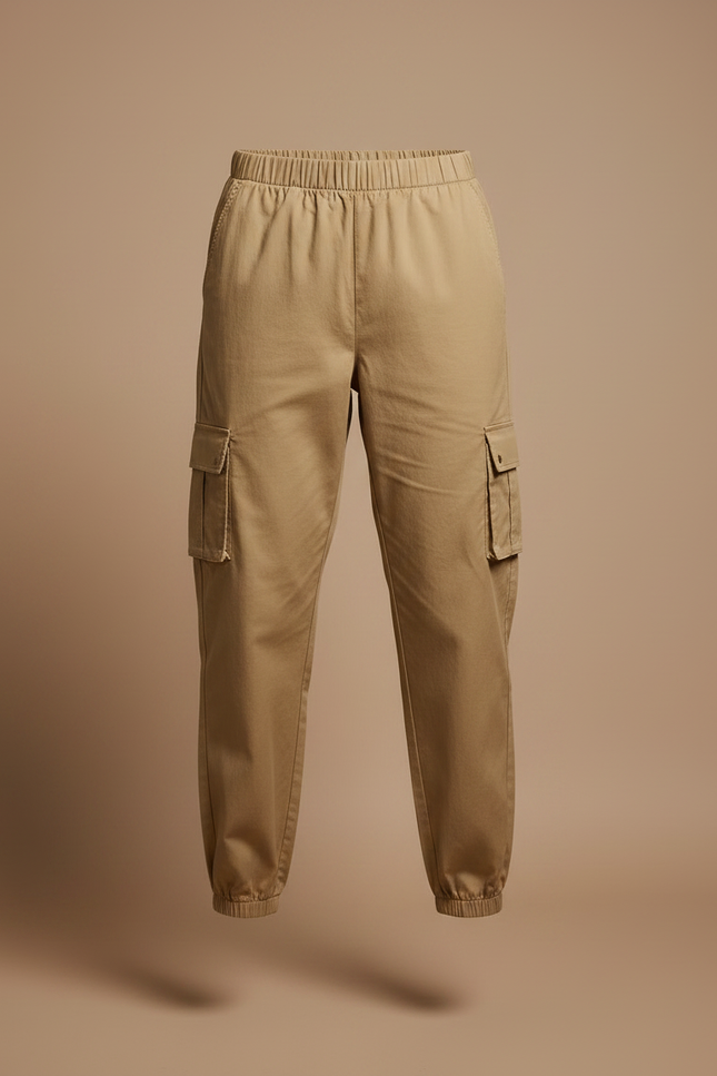 Pantalon Marron Cargo Décontracté Taille Haute Femme - Kaki Toile - vue 3