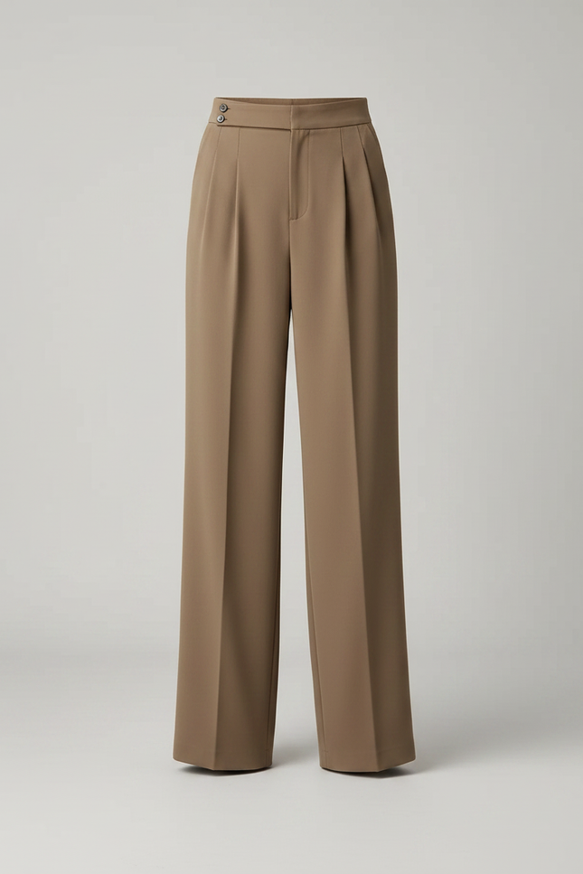 Pantalon Marron Fluide Taille Haute Ample Élégant - Kaki Viscose - vue 3