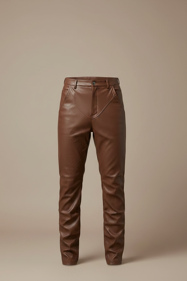 Pantalon Marron Cuir Slim Ajusté Homme - Simili cuir - vue 3