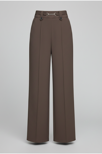 Pantalon Marron Ample Taille Haute Élégant Droit - Gabardine - vue 3