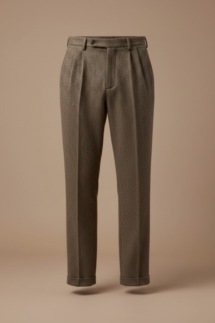 Pantalon Marron Laine Droit Plissé Homme Classique - Tweed - vue 3