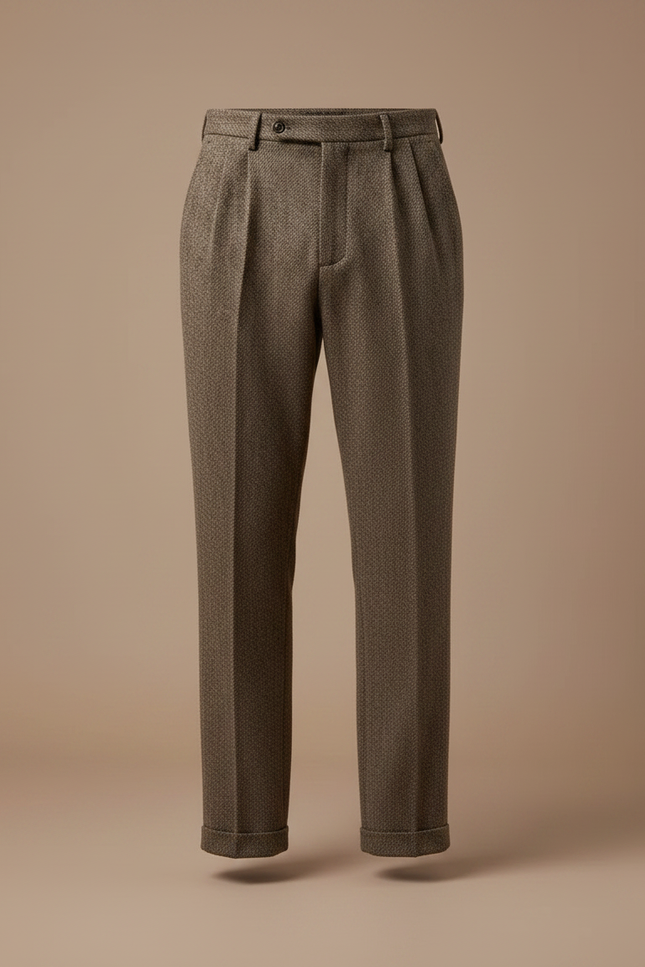 Pantalon Marron Laine Droit Plissé Homme Classique - Tweed - vue 3