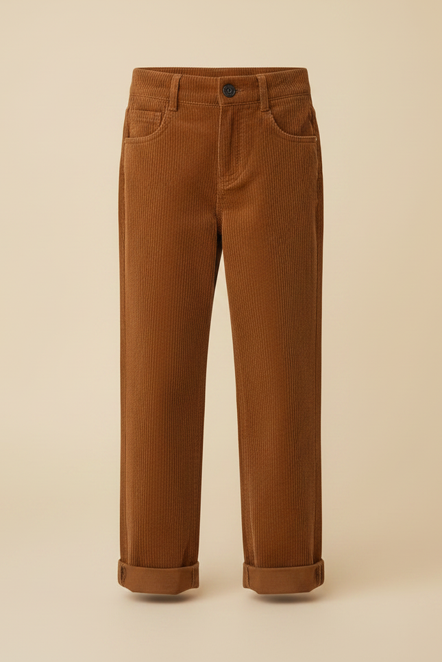 Pantalon Marron Côtelé Ample Droit Enfant Coréen - Cordé - vue 3