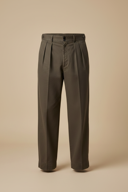 Pantalon Marron Chino Plissé Coton Twill Militaire Décontracté - Kaki Gabardine - vue 3