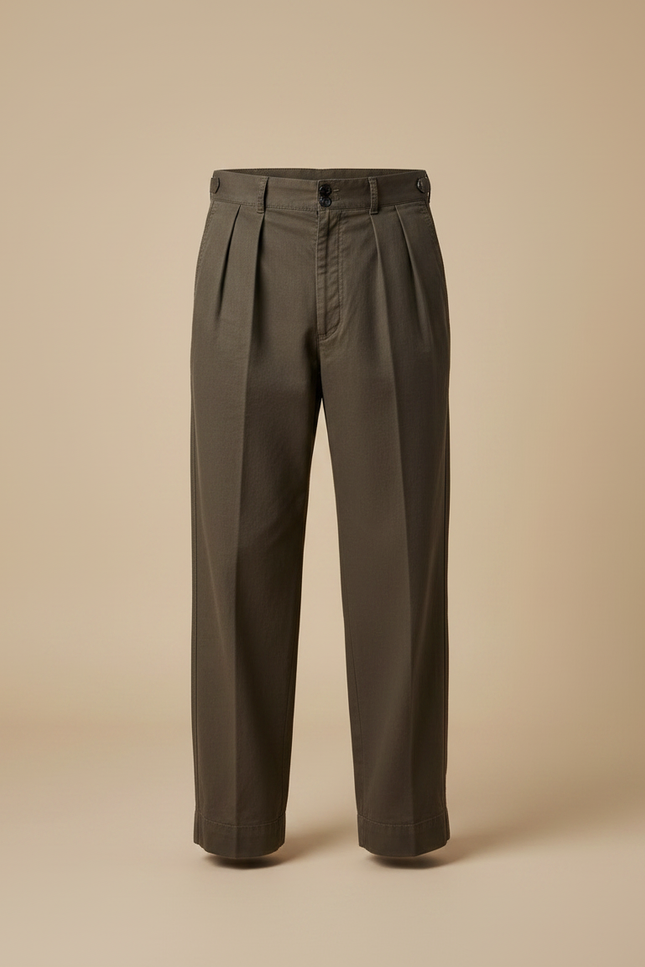Pantalon Marron Chino Plissé Coton Twill Militaire Décontracté - Kaki Gabardine - vue 3