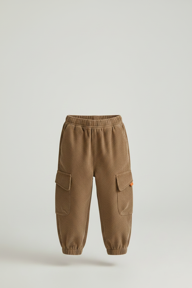 Pantalon Marron Côtelé Ample Cargo Élastiqué Enfant - Cordé - vue 3