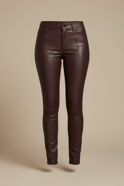Pantalon Marron Similicuir Skinny Taille Haute Femme - Bordeaux Simili cuir - vue 3