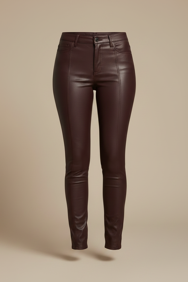Pantalon Marron Similicuir Skinny Taille Haute Femme - Bordeaux Simili cuir - vue 3