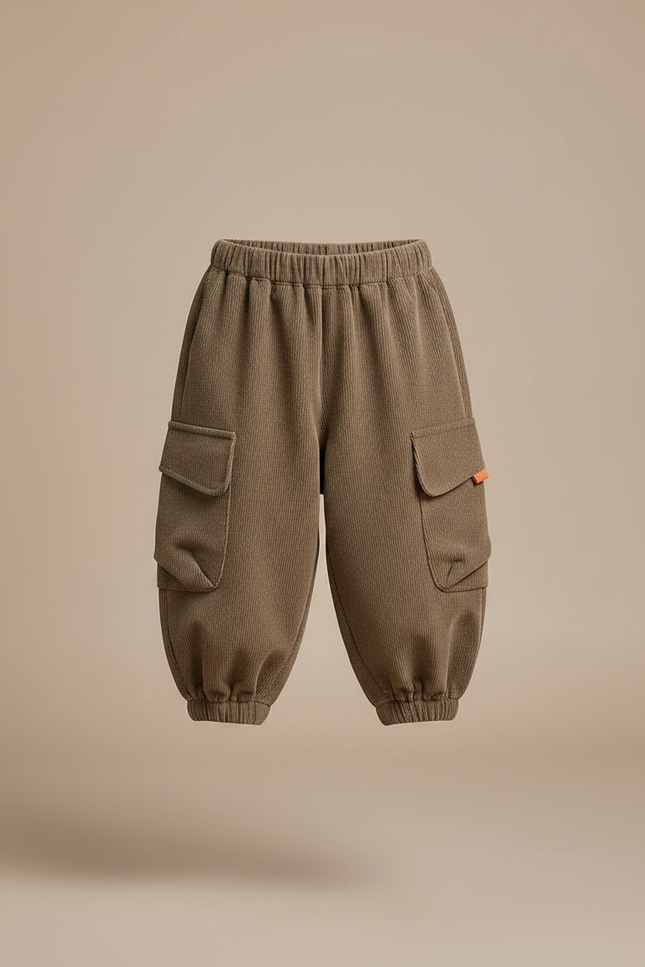Pantalon Marron Côtelé Ample Cargo Élastiqué Hiver Enfant - Cordé - vue 3