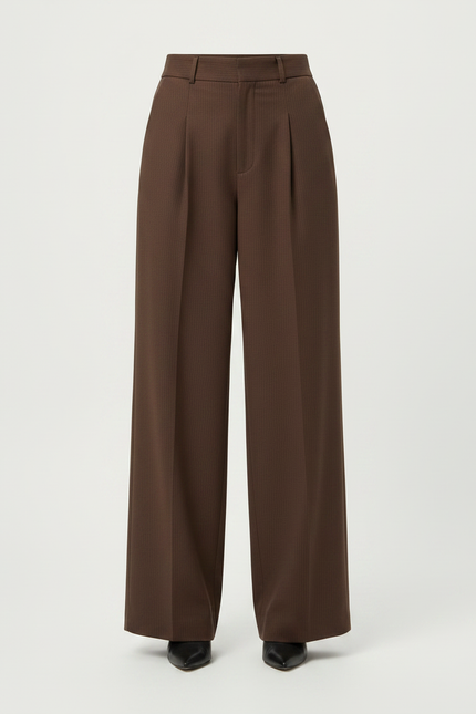 Pantalon Marron Ample Taille Haute Plissé Rayé - Laine - vue 3