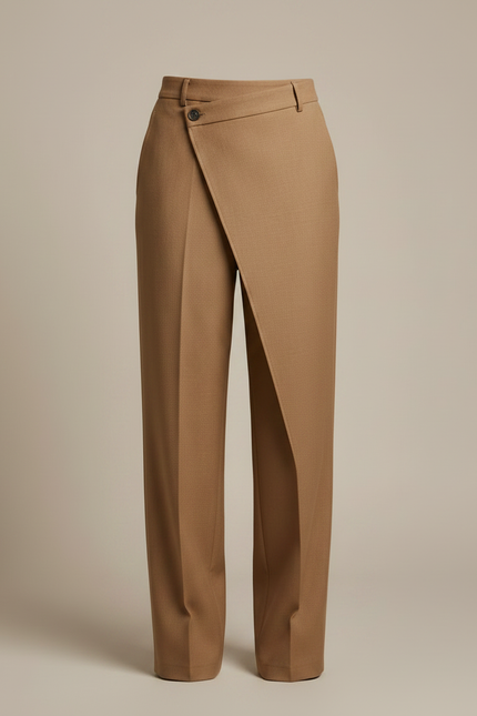 Pantalon Marron Asymétrique Taille Haute Large Fluide Élégant - Camel Laine - vue 3
