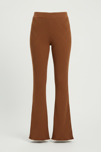 Pantalon Marron Côtelé Évasé Taille Haute Élégant Femme - Maille - vue 3