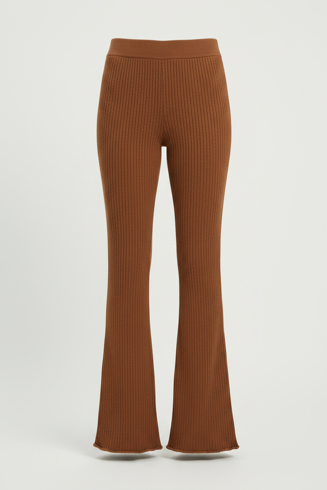 Pantalon Marron Côtelé Évasé Taille Haute Élégant Femme - Maille - vue 3