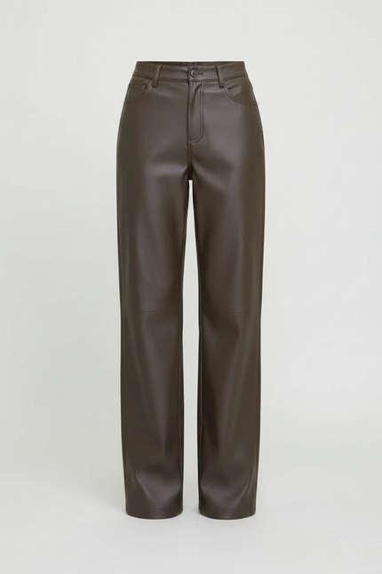 Pantalon Marron Cuir PU Ample Élégant Décontracté - Simili cuir - vue 3
