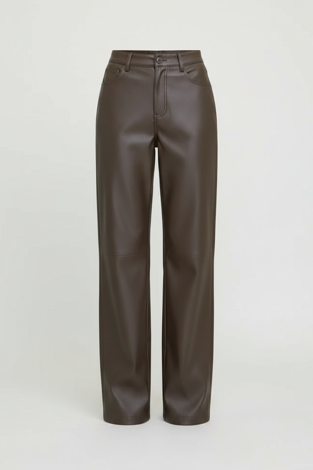 Pantalon Marron Cuir PU Ample Élégant Décontracté - Simili cuir - vue 3