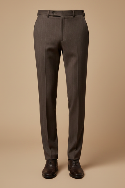 Pantalon Marron Laine Slim Rayures Élégant Homme - vue 3