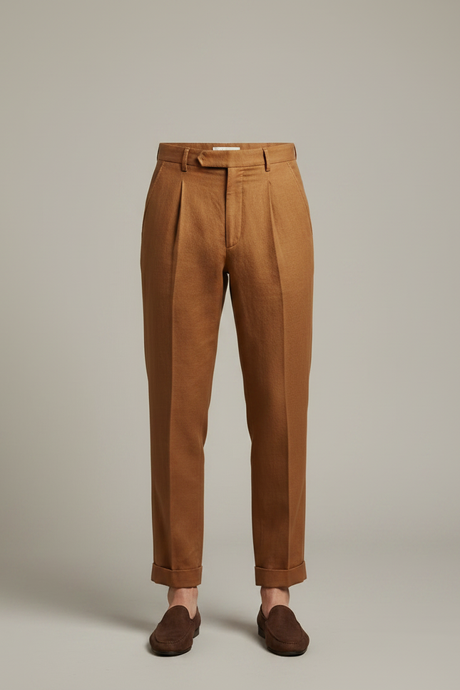 Pantalon Marron Lin Plissé Droit Élégant Homme - vue 3