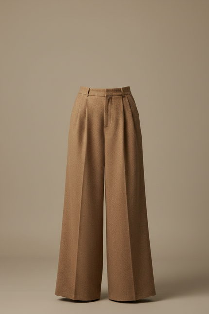 Pantalon Marron Ample Plissé Laine Élégant Femme - Camel - vue 3