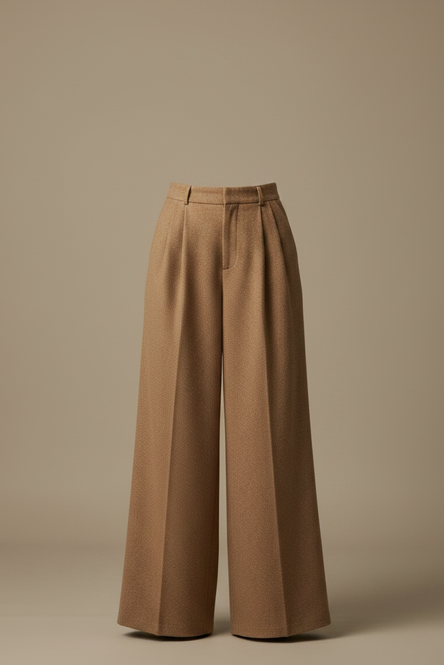 Pantalon Marron Ample Plissé Laine Élégant Femme - Camel - vue 3